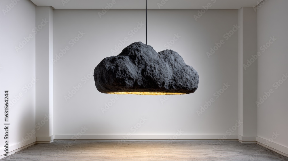 Poster large grey rock shaped like a cloud hangs from the ceiling in a white room. the room is empty and th