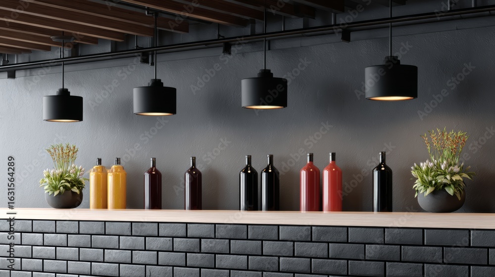 Aufkleber row of black light fixtures hang from the ceiling above a counter with a variety of bottles and a po