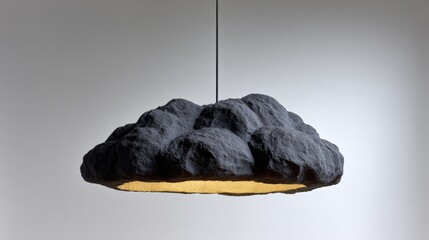 Light fixture shaped like a cloud hanging from the ceiling. The light fixture is made of rocks and has a yellow light inside