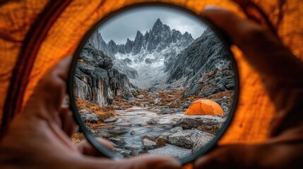 Mountain scene viewed through a filter. Hands hold a circular filter, revealing a vista of dramatic mountains, a flowing stream, and an orange tent nestled in the valley