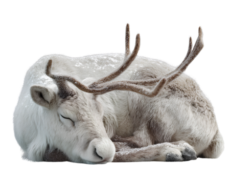  Sleeping Reindeer Resting on Ground with Folded Legs, Calm Winter Scene, Isolated on Transparent Background PNG
