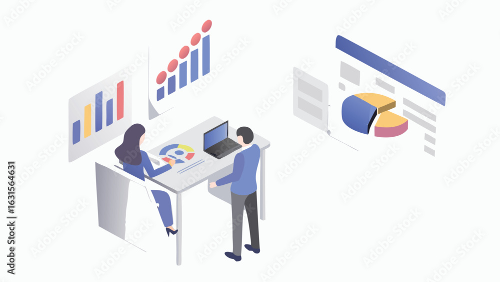 Poster isometric view of business team analyzing data with charts and laptop in an office setting design