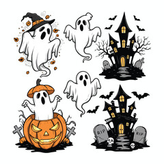 Spooky Halloween characters and haunted house ghost