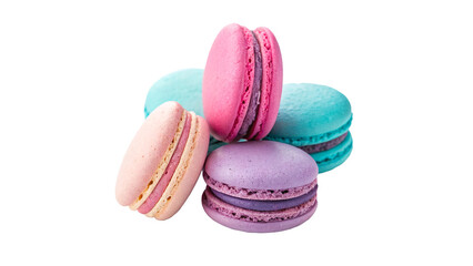 Colorful macarons stacked together showcasing different flavors and textures on transparent background