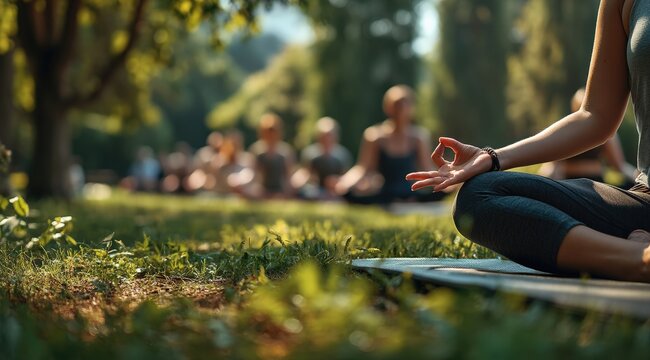 Yoga instructor practicing meditation in lotus position with gyan mudra hand gesture during group session in park - Powered by Adobe