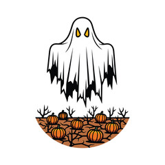 Ghost Hovering Over Pumpkin Patch With Bare Branches