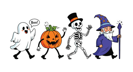 Halloween Characters Walking Together Ghost Pumpkin Skeleton Wizard