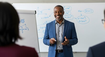 Engaging African American Professor Teaching Math on Whiteboard, Conference Room Presentation, Business Meeting, Education Concept Illustration