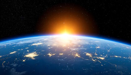 Fototapeta premium Majestic Earth Sunrise from Space Dawn Illuminates a Blue Planet with Stars in Background.
