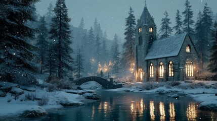 Fototapeta premium Enchanting stone chapel illuminated by warm lights with a festive Christmas tree by a reflective winter lake