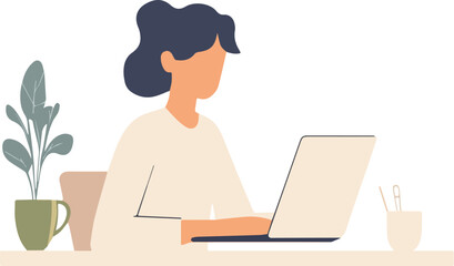 Woman working on laptop at desk with coffee mug and plant vector illustration concept for freelance work from home online education studying and e-learning