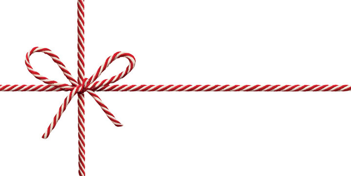 Christmas thread with bow. Template for product, gift tied with red and white cotton rope. Packing Christmas string. Concept for packing Christmas gifts, postcards, envelopes, etc.