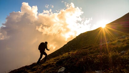 Lone hiker climbing a steep mountain towards the summit with a beautiful sunrise, a concept of perseverance and achievement.