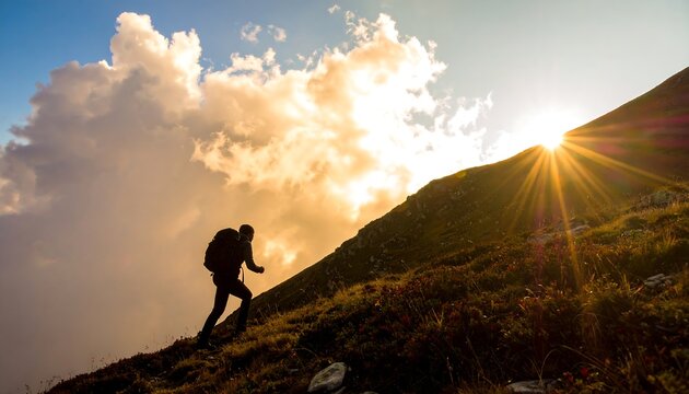 Lone hiker climbing a steep mountain towards the summit with a beautiful sunrise, a concept of perseverance and achievement.