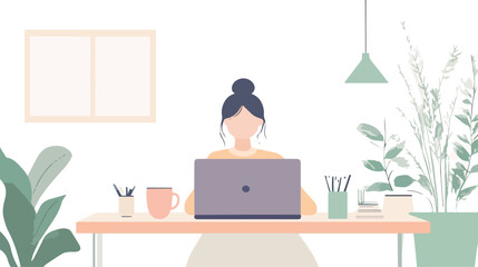 Woman working on laptop at home office desk with plants and lamp vector illustration concept for freelance work from home online study online business and work