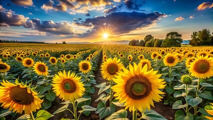 Fototapeta premium Expansive field of sunflowers under a dramatic sunset sky, with the sun casting a warm golden light across the landscape