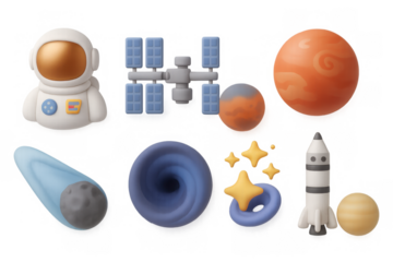 Colorful space exploration: astronaut, planets, and rockets in 3d cartoon style