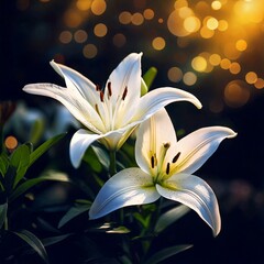 Two delicate white lilies bloom with soft bokeh lights in a dark garden jpg
