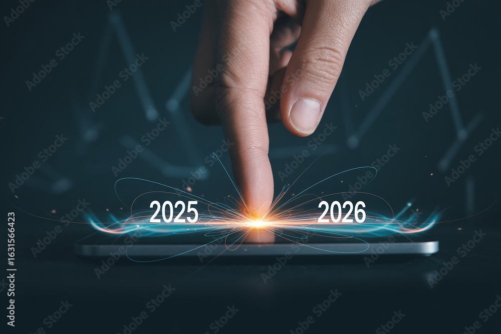 Poster navigating the future a finger activates the transition from 2025 to 2026 on a digital interface rep