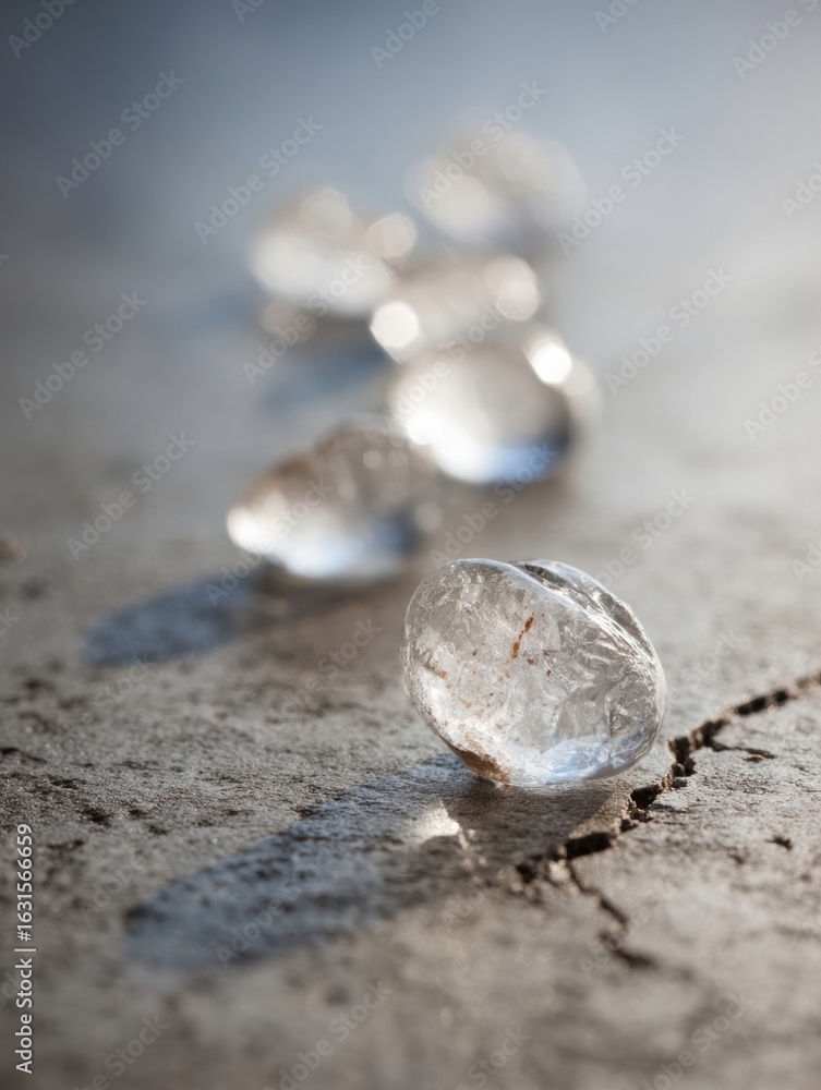 Poster clear gemstones scattered on a textured surface reflecting natural light in a serene setting during 