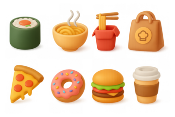 3d cartoon style food icons: sushi, noodles, burger, coffee, and more