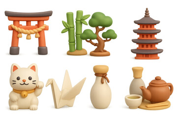 Cute 3d icons of japanese culture: cat, torii, pagoda, and more