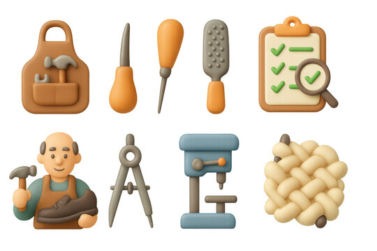 Shoe repair tools and craftsman icons in 3d style for craftsmanship themes