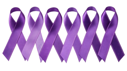 Row of six purple awareness ribbons symbolizing support and hope isolated on transparent background