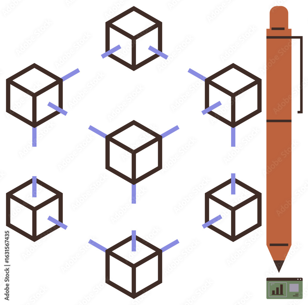Poster blockchain cubes interconnected by lines, representing a network, accompanied by a pen and a small a
