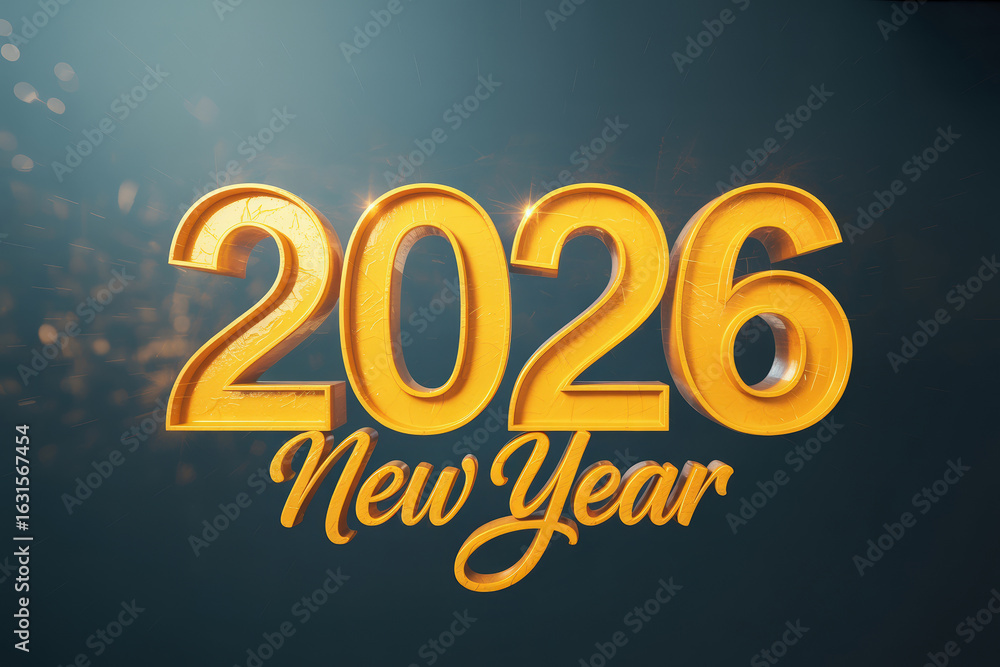 Poster radiant 2026 new year design with golden numbers and elegant script against a dark backdrop evoking 