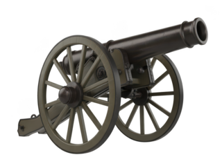 Antique cannon with wooden wheels isolated on transparent background