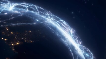Futuristic 3D digital rendering of Earth viewed from space night, with bright illuminated city lights and glowing curved lines representing high-speed global communication and data transfer networks - Powered by Adobe