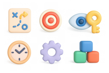 Set of 3d cartoon style icons for business and strategy concepts