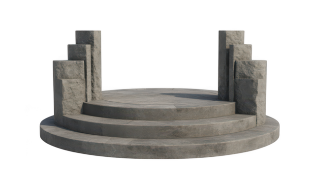 Ancient stone altar with tiered steps and pillars isolated on transparent background