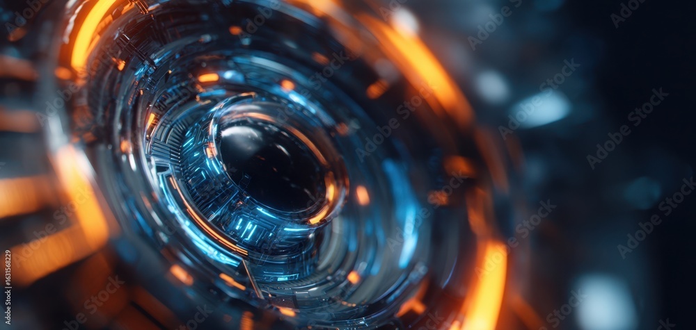 Poster the futuristic circular core with glowing accents and complex patterns