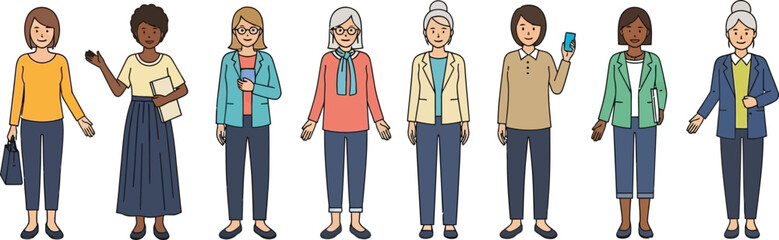 Illustration of diverse women standing in a row wearing casual business attire on a white background