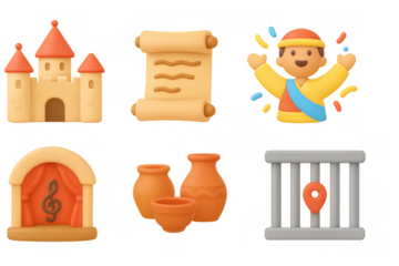 Playful medieval elements in 3d cartoon style: castle, jester, scroll, and more