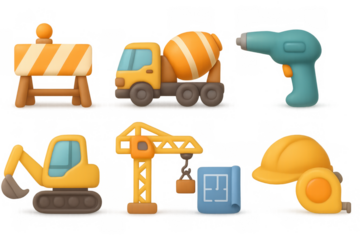 Colorful construction tools and vehicles in 3d cartoon style for kids