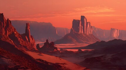 Desert landscape with red rock formations and dramatic sunset sky scenic background
