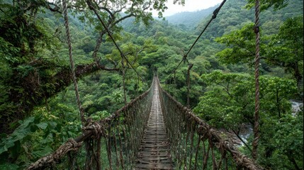 Obraz premium Suspended Rope Bridge in Lush Honduras Jungle: A Natural Green Wonderland