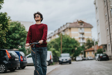 A man wearing sunglasses and a red sweater rides an electric scooter on a city street. The urban...