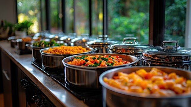 Buffet line of steaming food dishes