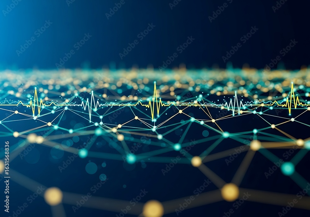 Poster abstract network data visualization: heartbeat pulse, teal and gold, futuristic technology concept
