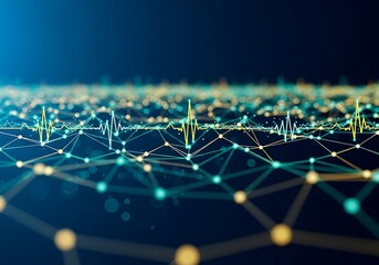 Abstract Network Data Visualization:  Heartbeat Pulse, Teal and Gold, Futuristic Technology Concept