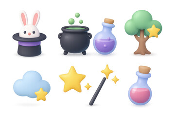 Playful 3d magic icons: rabbit in hat, potion bottles, stars, wand, and tree