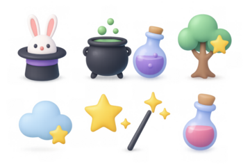 Playful 3d magic icons: rabbit in hat, potion bottles, stars, wand, and tree