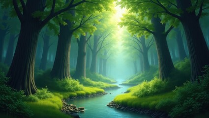 Obraz premium Mystical Forest Pathway Illuminated by Morning Light and Silence