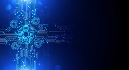 Abstract Futuristic Technology Background: Glowing Blue Circuit Board Design with Digital Data Overlay