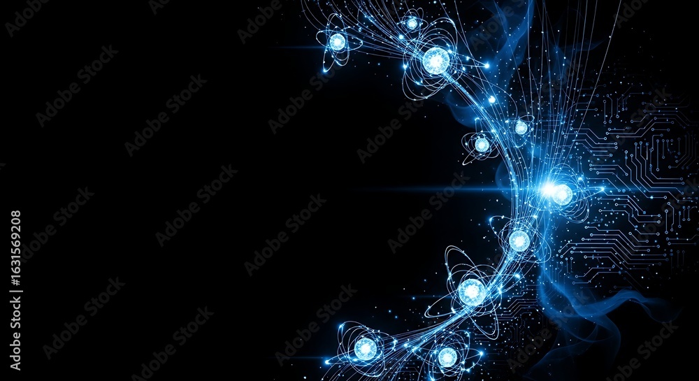 Poster abstract quantum computing: glowing blue atoms and circuitry design, futuristic technology backgroun
