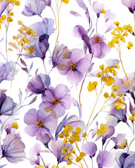 Obraz premium Seamless Watercolor Floral Pattern with Delicate Purple and Yellow Blossoms